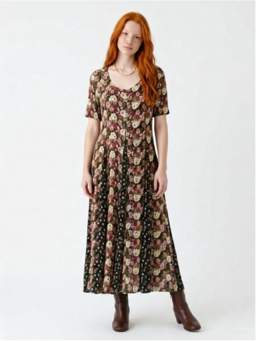 Vintage 90s Nostalgia Black Maxi Dress with Pink and Cream Floral Print
